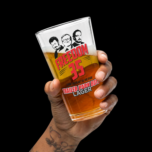 F35 PINT GLASS on a black background