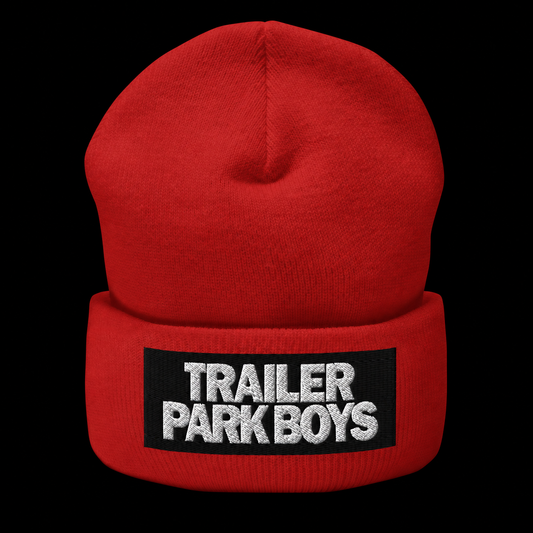 TPB red beanie on a black background
