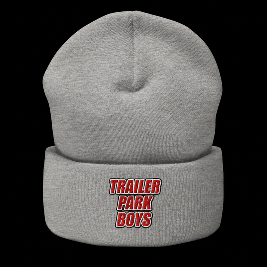 TPB grey beanie on a black background