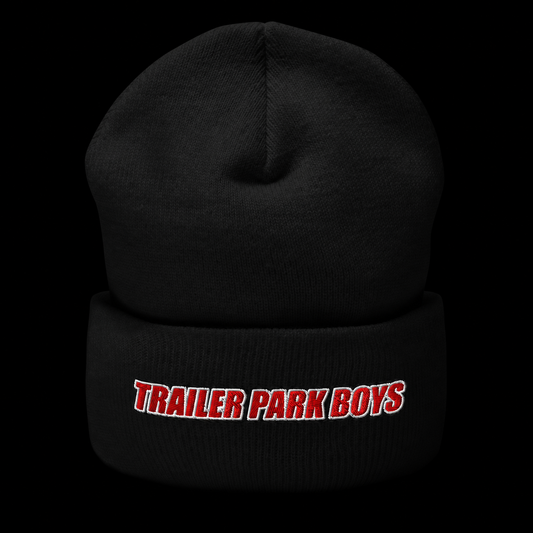 TPB black beanie with single-line logo on a black background